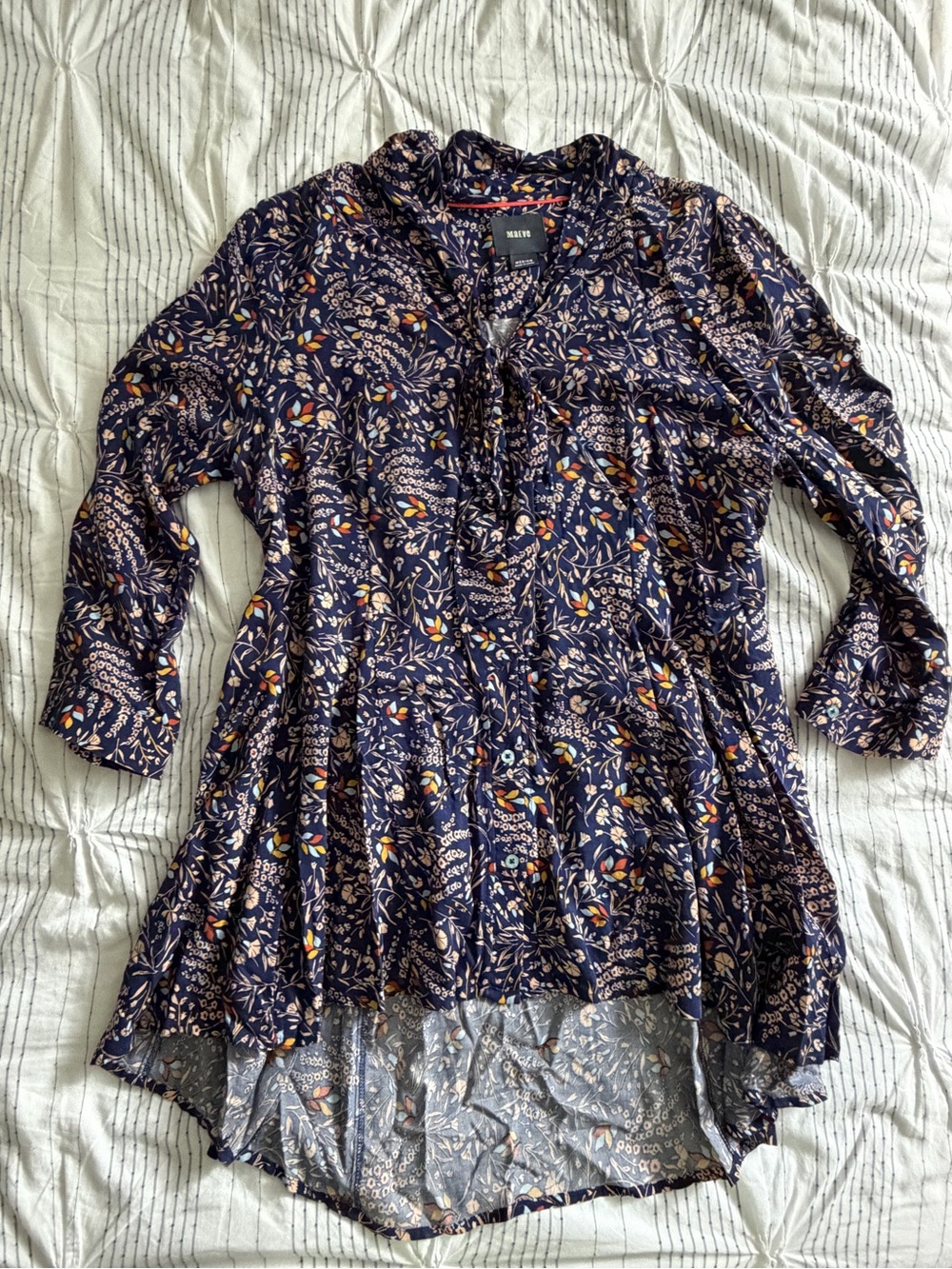Anthropologie Maeve Navy Floral Tie-Front Tunic with Peplum ruffle hem